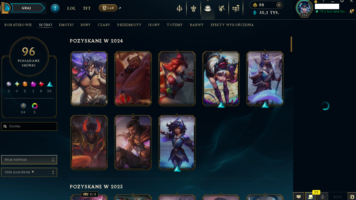 LAS – 354 LEVEL - 96 SKIN | UNRANKED | K/DA ALL OUT Seraphine Indie | Elementalist Lux | NFA